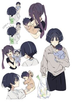 1boy 1girl alternate_costume animal_ear_hood animal_ears aqua_eyes arm_at_side armpit_carry arms_up baby baby_carry bag black_hair black_shorts black_sleeves blunt_ends breastfeeding breasts brown_hair brown_shirt carrying carrying_person casual cat_ears choppy_bangs cleavage closed_mouth contemporary eyelashes fake_animal_ears fur-trimmed_hood fur_trim genshin_impact grey_eyes grey_hair grey_shirt grey_sleeves hair_between_eyes hair_intakes hand_up highres holding holding_bag hood if_they_mated jitome keep_calm_and_carry_on long_hair long_sleeves looking_at_another looking_at_viewer mona_(genshin_impact) multicolored_hair onesie open_mouth outstretched_arms pacifier plastic_bag scaramouche_(genshin_impact) sequential shirt short_eyebrows short_sleeves shorts socks sound_effects spring_onion streaked_hair swept_bangs tsurime twintails vomiting white_background white_socks ysnden