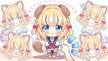 >_< +_+ 1girl 1other :3 :d =_= absurdres animal_ears arm_warmers black_sailor_collar blonde_hair blue_eyes blunt_bangs blush bone bow bowtie braid brown_arm_warmers chibi chibi_only closed_mouth commentary_request dog_ears dog_girl dog_tail drooling excited eyes_visible_through_hair fang floppy_ears flying_sweatdrops frown full_body furrowed_brow game_cg hair_bow hair_intakes happy highres inuya_komaru kneehighs laughing looking_at_viewer loose_socks medium_hair mouth_drool multiple_expressions notice_lines official_art open_mouth outline polka_dot polka_dot_background pov pov_hands promotional_art puff_of_air red_bow red_bowtie ren'ai_hajimemashite sailor_collar school_uniform serafuku shirt short_sleeves sidelocks simple_background skin_fang smile socks solo_focus sparkle squatting squeans tail takahero tareme tearing_up twin_braids v-shaped_eyebrows wavy_mouth white_background white_outline white_shirt white_socks