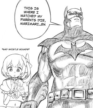 1boy 1girl age_difference batman batman_(series) belly belt belt_buckle belt_pouch bow buckle character_name collarbone costume covered_abs crop_top crossover crown dc_comics english_text eyebrows_hidden_by_hair eyelashes from_below greyscale hair_bow highres holding holding_toy hood indie_virtual_youtuber long_hair long_sleeves looking_down looking_up marimari_(vtuber) meme midriff monochrome muscular muscular_male navel neck_ribbon nxthr1 older_male_and_younger_female parted_lips pouch ribbon shirt short_sleeves simple_background size_difference slide_whistle sound_effects speech_bubble standing tareme this_is_where_i_watched_my_parents_die_raphael_(meme) toy virtual_youtuber whistle white_background