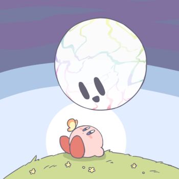 blush_stickers bug butterfly butterfly_wings flower grass insect insect_wings kirby kirby_star_allies kirby_(series) lena18 looking_at_another nintendo no_humans orb solid_oval_eyes void_(kirby) void_termina wings yellow_flower