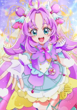 1girl :d ahoge akechi_anna aqua_trim back_bow bare_shoulders blue_eyes blush bow brooch buttons commentary cowboy_shot cure_answer curled_fingers detached_collar double-breasted double_bun dress fingerless_gloves glove_bow gloves gold_buttons gradient_background hair_bun hair_flaps hair_intakes hair_ornament hand_up heart heart_brooch heart_in_eye highres impossible_hair jewelry layered_dress long_hair looking_at_viewer magical_girl medium_dress meitantei_precure! momotarouooi off-shoulder_dress off_shoulder open_hand open_mouth outstretched_arm outstretched_hand pact_holder patterned_background pleated_dress pouch precure purple_background purple_bow purple_dress purple_hair purple_theme reaching reaching_towards_viewer sidelocks smile solo sparkle_background spread_fingers symbol_in_eye teeth thick_eyebrows thighhighs upper_teeth_only very_long_hair watermark white_gloves wing_hair_ornament yellow_bow