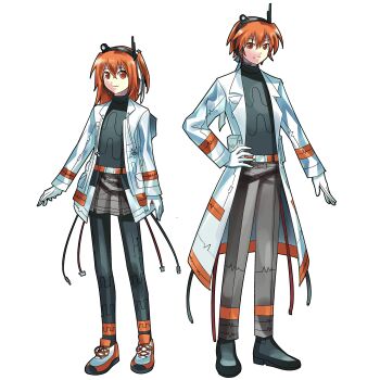 1boy 1girl a.i._voice absurdres adachi_rei arm_at_side belt black_pantyhose black_shoes black_sweater coat commentary d_h_giang english_commentary genderswap genderswap_(ftm) gloves grey_pants grey_shorts hair_ribbon hand_on_own_hip highres jacket kei_(keigarou)_(style) long_sleeves medium_hair one_side_up open_clothes open_coat open_jacket orange_belt orange_eyes orange_hair pants pantyhose radio_antenna ribbon robot robot_boy robot_girl shoes shorts sneakers sweater turtleneck turtleneck_sweater utau white_background white_coat white_gloves white_jacket white_ribbon white_shoes