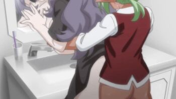 1boy 1girl 2023 20s against_mirror animated animated_gif anime_screenshot ass bathroom boy_(majo_wa_kekkyoku_sono_kyaku_to) breasts censored choker cloak clothes_down clothing_aside dark-skinned_male dark_elf dark_skin doggystyle elf glasses grabbing_another's_arm grabbing_another's_breast green_hair grey_hair grope_from_behind groping groping_breast hat high_ponytail hotel hotel_room huge_ass large_breasts long_hair lowres majo_wa_kekkyoku_sono_kyaku_to..._the_animation mashima_mojikawa mature_female open_mouth panties panties_around_leg panties_aside pointy_ears ponytail purple_eyes sex sex_from_behind short_male sink size_difference spread_legs standing sweat tagme tall_female tall_female_short_male toothbrush underwear uniform_vest unworn_cloak waitress_uniform witch witch_hat