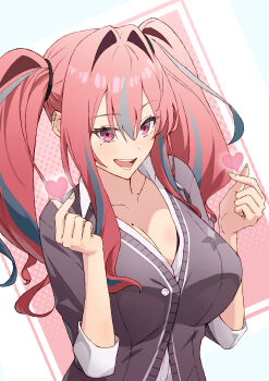 Rule 34 | 1girl, absurdres, azur lane, black cardigan, blue nails, blush, bra, bra peek, breasts, bremerton (azur lane), bremerton (school) (azur lane), cardigan, cleavage, collared shirt, commentary request, double finger heart, finger heart, fingernails, hair between eyes, highres, kento (kentdrawing), large breasts, long hair, looking at viewer, mole, mole on breast, mole under eye, multicolored hair, nail polish, open mouth, pink eyes, pink hair, shirt, skirt, solo, streaked hair, twintails, underwear, upper body, white background, white shirt