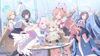 6+girls absurdres artist_request asuna_(blue_archive) asuna_(school_uniform)_(blue_archive) black_choker black_sandals black_shoes black_skirt black_socks blue_archive blue_bow blue_bowtie bow bowtie breasts brown_hair choker cleavage closed_eyes closed_mouth collared_shirt double_bun dress hair_bun hair_over_one_eye halo highres japanese_clothes kirara_(blue_archive) long_hair long_sleeves looking_at_viewer midriff mika_(blue_archive) miyo_(blue_archive) multiple_girls official_alternate_costume official_art one_eye_closed open_mouth pink_hair purple_hair sandals school_uniform shirt shoes short_sleeves skirt sleeves_rolled_up smile socks subaru_(blue_archive) very_long_hair white_dress white_shirt white_socks wide_sleeves yellow_eyes yukari_(blue_archive)