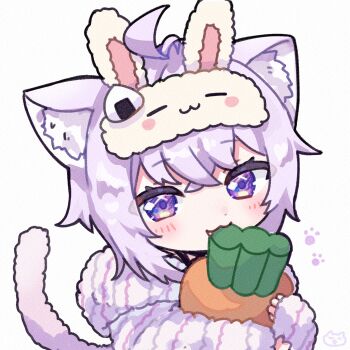 1girl :3 ahoge animal_ear_fluff animal_ears blush carrot cat_ears cat_girl cat_tail commentary crossed_bangs dot_nose fang fang_out highres hololive long_sleeves looking_at_viewer necoyu_(yuyudomino) nekomata_okayu paw_print portrait purple_eyes purple_hair purple_shirt shirt short_hair simple_background sleep_mask smile solo tail virtual_youtuber white_background