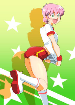 1girl ass blush breasts buruma gradient_background green_background green_eyes gym_uniform high_school!_kimengumi kawa_yui kneehighs looking_at_viewer looking_back onnaski open_mouth pink_hair red_buruma shirt shirt_tug shoes short_hair short_sleeves small_breasts smile socks standing standing_on_one_leg star_(symbol) star_symbol_background sweatband two-tone_background uwabaki white_shirt white_shoes white_socks wristband yellow_background