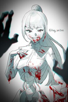 1girl 1other absurdres albina_(project_moon) blood blood_in_hair blood_on_arm blood_on_face blood_on_hand blunt_bangs commentary grin hand_on_own_chest heterochromia high_ponytail highres hong_sa limbus_company long_hair looking_at_viewer offering_hand ponytail pov pov_hands project_moon reaching reaching_towards_another robot_girl simple_background skin_seams smile teeth untranslatable_commentary white_background white_hair