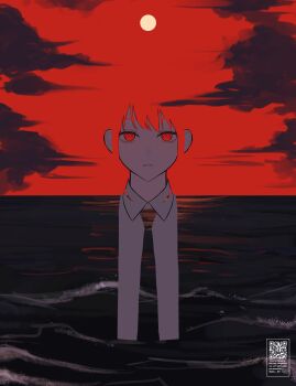 1girl absurdres blending chainsaw_man closed_mouth cloud full_moon gm_gn8 highres horizon makima_(chainsaw_man) moon necktie ocean red_eyes red_sky ringed_eyes shirt sky solo straight-on white_shirt