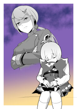 1boy 1girl absurdres arms_up bat_(animal) border breasts chiropmon commentary_request crossed_arms digimon digimon_(creature) digimon_beatbreak greyscale_with_colored_background hasegawa_(hase_popopo) highres kanuma_hotaruko kuonji_makoto long_hair ponytail purple_eyes white_border