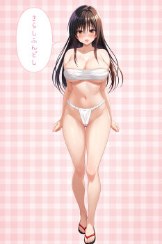 1girl breasts cleavage commentary_request cygnus_(cygnus7) full_body fundoshi highres japanese_clothes kotegawa_yui large_breasts large_variant_set legs navel plaid_background sandals sarashi solo speech_bubble standing stomach thighs to_love-ru to_love-ru_darkness translation_request variant_set
