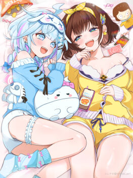 2girls ahoge alternate_costume bag_of_chips bare_shoulders bed blue_bow blue_eyes blue_nails blue_pajamas blue_socks blunt_bangs bow braid breasts brown_hair butterfly_hat_ornament candy cleavage commentary_request commission doll earrings flower_earrings food frilled_thigh_strap green_eyes hair_flaps hair_ornament hand_on_own_chest hand_on_own_chin hat_ornament highres hololive hololive_dev_is jewelry legs_up lightning_ahoge long_hair looking_at_another low_twin_braids lying medium_breasts messy_hair mizumiya_su mole mole_under_mouth multicolored_hair multiple_girls nijisanji nishi_ao on_back on_bed pajamas pink_hair pink_streaks shiga_riko skeb_commission sleep_mask sleepover socks squinting streaked_hair teeth thigh_strap twin_braids uno_(game) upper_teeth_only virtual_youtuber wrapped_candy yellow_bow yellow_nails yellow_pajamas