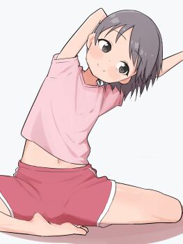 1girl arms_up blush exercising feet flat_chest grey_eyes grey_hair highres idolmaster idolmaster_cinderella_girls kok legs navel otokura_yuuki shirt short_hair shorts sitting smile solo stomach thighs white_background