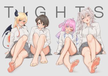 :/ :d ;o aiharararara animal_ears ass_ bare_legs barefoot black_nails blonde_hair blush bob_cut brown_hair crossed_legs demon_girl demon_horns demon_tail demon_wings feet foot_focus grin himemori_luna hololive horns legs legs_together lion_ears lion_girl long_hair multiple_girls one_eye_closed oozora_subaru open_mouth pink_hair pink_nails pleated_skirt pout seductive_gaze seductive_smile shirt shirt_tucked_in shishiro_botan sitting skirt smile soles spiked_hair tail text_background toes tomboy upskirt virtual_youtuber white_background white_hair white_shirt wings yellow_nail_polish yuzuki_choco