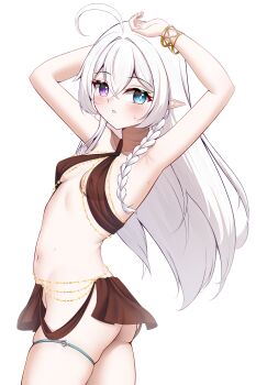 1girl absurdres ahoge armpits arms_up ass bangle blue_eyes blush bracelet braid breasts commission cowboy_shot dancer from_side hair_between_eyes heterochromia highres jewelry knosdeba long_hair navel original parted_lips pointy_ears purple_eyes skindentation small_breasts solo sweat thigh_strap variant_set white_hair