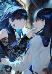 2girls aqua_eyes black_eyes black_nails black_shirt black_sleeves blue_hair blunt_bangs closed_mouth commentary_request detached_sleeves earclip expressionless eye_contact fingernails hair_over_shoulder hand_up highres indoors jewelry lace lace_sleeves long_hair long_sleeves looking_at_another mizumi_zumi multiple_girls nail_polish original painting_(object) picture_frame portal_(object) reaching reaching_towards_another ring shirt sleeveless sleeveless_shirt standing straight_hair upper_body water water_drop wet white_shirt