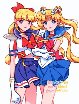 2girls absurdres aino_minako bishoujo_senshi_sailor_moon blonde_hair blue_eyes blue_sailor_collar blue_skirt bow bowtie circlet codename_wa_sailor_v crescent crescent_choker crescent_facial_mark elbow_gloves facial_mark forehead_mark gloves hair_bow hair_ornament highres long_hair multiple_girls namisonpictures no_mask parted_bangs pleated_skirt red_bow red_bowtie sailor_collar sailor_moon sailor_senshi sailor_senshi_uniform sailor_v shirt shoulder_pads skirt sleeveless sleeveless_shirt smile tsukino_usagi twintails white_gloves