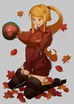 1girl alien autumn autumn_leaves black_thighhighs blonde_hair blue_eyes blush breasts clothes_tug dress female_focus grabbing_another's_breast grabbing_own_breast groping highres kneeling large_breasts leaf long_hair metroid metroid_(creature) metroid_larva nintendo ponytail ribbed_sweater samus_aran simple_background solo solo_focus splashbrush sweater sweater_dress sweater_tug thighhighs turtleneck zettai_ryouiki
