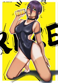 1girl absurdres arm_strap black_choker black_one-piece_swimsuit blush breasts can chainsaw_man choker dark-skinned_female dark_skin drawn_crown green_eyes grenade_pin highres holding holding_can lml1880828 medium_breasts one-piece_swimsuit purple_hair reze_(chainsaw_man) solo swimsuit tan tanline wet wet_clothes wet_swimsuit