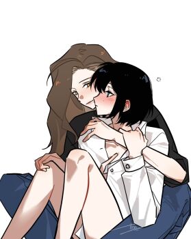 2girls aespa arm_around_neck black_hair black_shirt blue_eyes blue_pants blush brown_hair closed_mouth commentary grabbing_another&#039;s_breast grabbing_from_behind groping hand_under_clothes hand_under_shirt hashtag-only_commentary highres karina_(aespa) long_hair multiple_girls pants real_life shirt short_hair simple_background squeans white_background white_shirt winter_(aespa) yellow_eyes yitouyouyu yuri