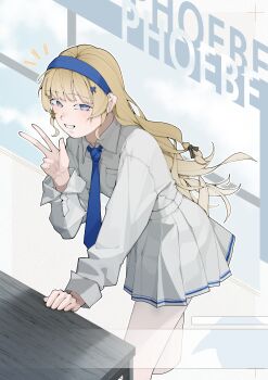 1girl absurdres against_table alternate_costume black_bow blonde_hair blue_eyes blue_hairband blue_necktie bow character_name collared_shirt commentary hair_bow hairband hand_up highres leaning_forward long_hair long_sleeves looking_at_viewer looking_to_the_side necktie notice_lines pantyhose phoebe_(wuthering_waves) rockkk123 shirt sideways_glance skirt smile solo w white_pantyhose white_shirt white_skirt wuthering_waves