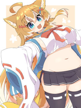 1girl :d ahoge animal_ear_fluff animal_ears black_skirt black_thighhighs blonde_hair blue_eyes breasts commentary detached_sleeves fang feet_out_of_frame fox_ears fox_girl fox_tail hair_between_eyes hair_ornament hairclip highres large_breasts long_hair long_sleeves looking_at_viewer miniskirt navel no_panties open_mouth original outside_border outstretched_arms school_uniform serafuku side_slit skin_fang skirt sleeves_past_fingers sleeves_past_wrists smile solo standing symbol-only_commentary tail thighhighs toramaru2001710 white_sleeves
