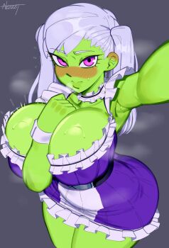 1girl absurdres alien alien armpits black_clover blush breasts cheelai clothes colored_skin cosplay curvy dragon_ball dragon_ball_super eye_contact female_focus green_skin highres huge_breasts large_breasts looking_at_another looking_at_viewer maid nezulet noelle_silva pink_eyes selfie silver_hair solo standing sweat thick_thighs thighs twintails wide_hips