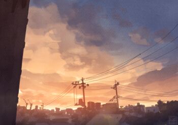 artist_logo blue_sky building cloud cloudy_sky commentary_request logo no_humans orange_sky original outdoors power_lines scenery sky sunset townscape utility_pole yk_funa