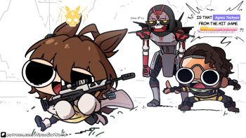 1girl agnes_tachyon_(umamusume) ahoge animal_ears brown_hair character_request commentary crossover english_commentary english_text gun hair_between_eyes holding holding_gun holding_weapon horse_ears horse_girl horse_tail lab_coat long_sleeves miyan_(oceanmaiden) open_mouth short_hair sleeves_past_wrists tail umamusume weapon