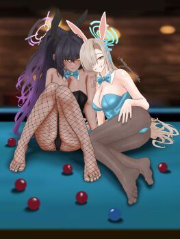 2girls absurdres animal_ears asuna_(blue_archive) asuna_(bunny)_(blue_archive) black_hair blonde_hair blue_archive blue_eyes breasts cleavage dark-skinned_female dark_skin fake_animal_ears feet fishnets foot_focus grin hair_over_one_eye hand_on_own_thigh highres karin_(blue_archive) karin_(bunny)_(blue_archive) kosyomochi long_hair looking_at_viewer multiple_girls pantyhose playboy_bunny ponytail pool_table smile soles table toes yellow_eyes