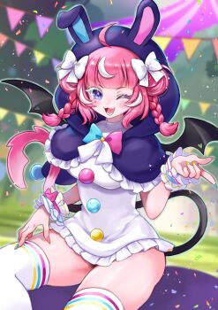 1girl absurdres ahoge animal_ear_hood blunt_bangs blurry blurry_background bow braid breasts camila_(vtuber) capelet colored_eyelashes commentary confetti diamond-shaped_pupils diamond_(shape) diamond_facial_mark double_bun dress english_commentary eyelashes facial_mark fake_animal_ears fang fingernails frilled_capelet frills hair_bow hair_bun hand_on_own_thigh heart heart_facial_mark highres hood hood_up hooded_capelet indie_virtual_youtuber mismatched_eyelashes multicolored_bow multicolored_hair multicolored_nails nail_polish one_eye_closed open_mouth outdoors outline pink_hair purple_capelet purple_eyes rabio_(labi555) short_dress sidelocks sitting smile solo symbol-shaped_pupils tail teeth thighhighs twin_braids two-tone_hair virtual_youtuber white_bow white_dress white_hair white_thighhighs wings zettai_ryouiki