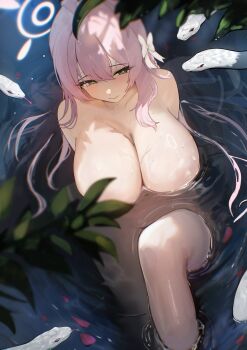 1girl absurdres ammak blue_archive bow breasts closed_mouth completely_nude flower from_above green_eyes hair_between_eyes hair_flower hair_ornament halo hanako_(blue_archive) highres huge_breasts knee_up leaf navel nude partially_submerged pink_hair pink_halo revision snake solo water wet white_bow white_snake