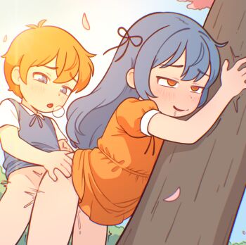 1boy 1girl all_the_fallen backlighting blue_eyes blue_hair casytay dress hetero highres kodomo_doushi loli orange_eyes outdoors sex sex_from_behind shota