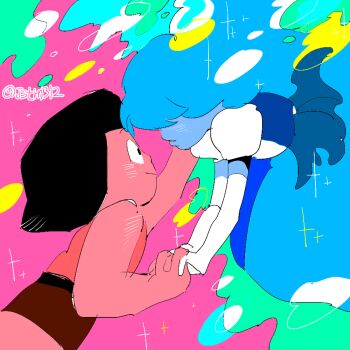 0wa0 2girls afro bad_id bad_twitter_id blue_hair blue_skin colored_skin couple elbow_gloves floating gloves hair_over_eyes interlocked_fingers long_hair looking_at_another multicolored_background multiple_girls parted_lips red_skin ruby_(steven_universe) sapphire_(steven_universe) shorts smile spoilers steven_universe tank_top twitter_username yuri