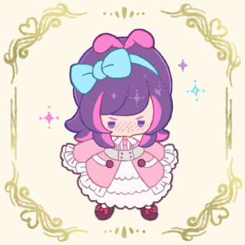Rule 34 | 1girl, animal ears, aqua bow, aqua hairband, blush, border, bow, bow hairband, brown shoes, chibi, chibi only, commentary, dot (pokemon), dress, embarrassed, facing viewer, fake animal ears, footwear bow, freckles, frilled dress, frilled sleeves, frills, full body, hair bow, hairband, legs apart, long dress, long hair, long sleeves, multicolored hair, nintendo, nose blush, ornate border, pink dress, pink hair, plus ta, pokemon, pokemon (anime), pokemon horizons, purple eyes, purple hair, rabbit ears, red bow, shoes, solo, sparkle, standing, straight-on, two-tone dress, two-tone hair, v-shaped eyebrows, white dress, yurie mouth