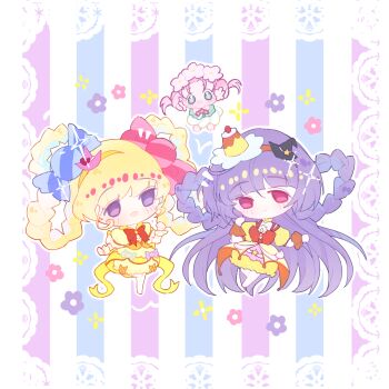 3girls absurdly_long_hair asahina_mirai back_bow bare_legs barefoot black_hat blonde_hair blunt_bangs border bow bow_skirt bowtie braid braided_hair_rings brown_wrist_cuffs bubble_skirt candy_hair_ornament chibi child chinese_commentary clenched_hands closed_mouth coattails collared_dress colorful_background commentary_request cure_magical cure_magical_(topaz_style) cure_miracle cure_miracle_(topaz_style) curious dress earrings fairy flower flower_dress flower_earrings food food-themed_hair_ornament frilled_gloves frilled_skirt frilled_sleeves frills gloves green_dress green_eyes ha-chan_(mahou_girls_precure!) hair_between_eyes hair_flower hair_ornament hair_rings hairband happy hat hat_ornament head_wreath heart heart_hat_ornament highres izayoi_liko jewelry lace lace_border leg_up light_blush long_dress long_hair magical_girl mahou_girls_precure! medium_hair mini_hat mini_witch_hat miniskirt multiple_girls open_mouth orange_bow orange_bowtie ornate_border outline pink_eyes pink_flower pink_hair pink_hat precure pudding puffy_short_sleeves puffy_sleeves purple_eyes purple_hair quqi_xiao_shuang red_bow red_bowtie short_dress short_hair short_sleeves short_twintails skirt skirt_under_dress smile sparkle star_(symbol) star_hat_ornament striped_background tareme twintails variant_set vertical-striped_background very_long_hair white_border white_gloves white_outline witch_hat wrist_cuffs yellow_bow yellow_dress yellow_hairband yellow_skirt