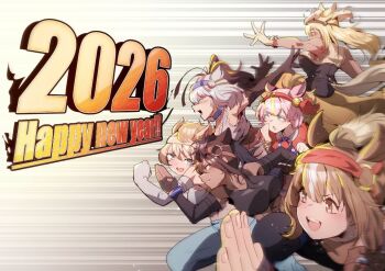 6+girls animal_ears black_hair blonde_hair blue_eyes brown_eyes brown_hair brown_thoroughbred_(kemono_friends) chestnut_thoroughbred_(kemono_friends) dress elbow_gloves extra_ears fingerless_gloves gloves gray_thoroughbred_(kemono_friends) grey_hair hair_ornament happy_new_year horse_ears horse_girl horse_tail kemono_friends kemono_friends_3 leggings long_hair multiple_girls new_year nontraditional_miko palomino_quarter_horse_(kemono_friends) pink_hair ponytail riri_(dgra3272) shinme_(kemono_friends) simple_background skirt sleeveless tail tank_top white_hair white_thoroughbred_(kemono_friends)