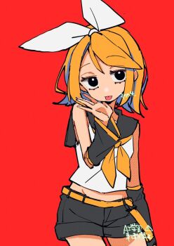 1girl 3774. belt black_eyes blonde_hair bow commentary cowboy_shot detached_sleeves groin hair_bow hand_up jitome kagamine_rin long_sleeves midriff neckerchief red_background sailor_collar shirt short_hair shorts sleeveless sleeveless_shirt solo tongue tongue_out vocaloid watermark