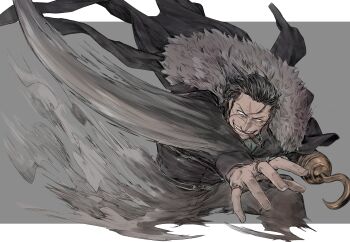 1boy absurdres amputee black_coat black_hair cigar coat crocodile_(one_piece) earrings fingernails grey_pants hair_slicked_back highres hook_hand jewelry male_focus mature_male motion_blur murokan_77 one_piece pants ring sand scar scar_on_face short_hair solo stitched_face stitches teeth