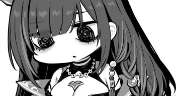 1girl azur_lane azur_lane:_slow_ahead bags_under_eyes bare_shoulders breasts chibi chibi_only cleavage coat commentary_request crazy_eyes greyscale hori_(hori_no_su) jewelry large_breasts monochrome necklace parted_lips queen_anne&#039;s_revenge_(azur_lane) simple_background solo upper_body white_background