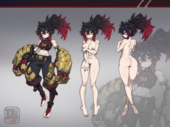 1girl ass bare_back bare_shoulders barefoot belt black_hair black_leggings black_nails black_pants borrowed_character breasts chest_belt completely_nude covering_breasts covering_privates difman feet female_pubic_hair frown full_body gauntlets giant_fist gradient_hair hair_between_eyes hand_on_own_thigh highres large_breasts leg_armor leggings multicolored_hair multiple_views muscular muscular_female navel nipples nude original pants ponytail pubic_hair red_hair reference_sheet sidelocks simple_background smile standing standing_on_one_leg superimposition thighs toeless_legwear yellow_eyes