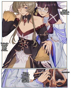 2girls bare_shoulders black_dress black_hair brown_hair closed_eyes columbina_(genshin_impact) commentary dress english_commentary english_text genshin_impact gloves highres multicolored_hair multiple_girls open_mouth pomuya purple_eyes purple_hair sandrone_(genshin_impact) smile streaked_hair white_dress white_gloves winding_key yuri