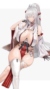Rule 34 | 1girl, absurdres, adapted costume, alternate costume, bare shoulders, black choker, black gloves, breast curtains, breasts, chest harness, choker, closed mouth, colored eyelashes, commentary request, curvy, detached sleeves, flat color, gloves, groin, hair ribbon, hand up, harness, highres, hiyuki (wuthering waves), huge breasts, jewelry, long hair, looking at viewer, mole, mole on shoulder, mole under eye, necklace, nontraditional miko, pelvic curtain, ponytail, red eyes, red ribbon, revealing clothes, ribbon, shirt, simple background, sitting, solo, striped clothes, tacet mark (wuthering waves), thick thighs, thighs, vertical-striped clothes, white background, white hair, white shirt, wuthering waves, yusha m