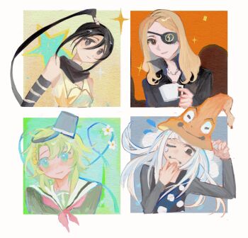 4girls aqua_eyes black_eyes black_hair black_scarf black_shirt blonde_hair bucket bucket_on_head character_request chinese_commentary closed_mouth commentary_request copyright_request eyepatch green_hair green_shirt highres kimi_ga_shine kizuchi_kanna long_hair medium_hair multiple_girls nakatsukasa_tsubaki neckerchief object_on_head one_eye_closed ponytail red_neckerchief sailor_collar sailor_shirt scarf shirt sleeveless sleeveless_shirt smile soul_eater strawbonni traffic_cone traffic_cone_on_head white_hair white_sailor_collar yellow_shirt