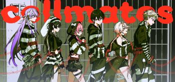 Rule 34 | 3boys, 3girls, ahoge, alternate hair color, angry, animal hat, arm warmers, bags under eyes, bandaged hand, bandaged head, bandaged leg, bandaged neck, bandages, bandana, bandana around neck, bare shoulders, belt, black arm warmers, black bandana, black belt, black choker, black gloves, black hair, black hat, black hoodie, black jacket, black pants, black shirt, black shorts, black skirt, blue eyes, blue streaks, blunt bangs, blunt ends, bow, braid, breasts, choker, closed mouth, collar, commentary, crop top, crying, crying with eyes open, cuffs, double-parted bangs, empty eyes, english text, expressionless, eyewear on head, fingerless gloves, frilled shorts, frills, from side, ghost hair ornament, gloves, gradient hair, green eyes, group name, hair between eyes, hair ornament, handcuffs, hat, high-low skirt, highres, hood, hood bow, hood down, hood up, hoodie, hoshirube sho, indoors, interlocked fingers, iron bars, jacket, jacket partially removed, jewelry, kenmochi touya, kuzuha (nijisanji), large breasts, layered shirt, leaning forward, leg tattoo, light frown, light smile, lineup, long hair, long skirt, long sleeves, looking ahead, looking at viewer, loose bandages, loose belt, medium breasts, merry-san (w00sjn), metal collar, midriff, midriff peek, multicolored hair, multiple boys, multiple girls, neck tattoo, necklace, nijisanji, number tattoo, o-ring, o-ring belt, official alternate costume, open mouth, own hands together, pants, parted lips, pink-tinted eyewear, pink eyes, pink hair, pointy ears, prison, prison cell, prison clothes, purple hair, quad braids, rabbit hat, raised eyebrows, raised inner eyebrows, red eyes, sanpaku, sasaki saku, shackles, shiina yuika, shirt, short hair, short shorts, short sleeves, shorts, sidelocks, skirt, sleeveless, sleeveless shirt, sleeves past wrists, streaked hair, striped arm warmers, striped bandana, striped clothes, striped hat, striped hoodie, striped pants, striped shirt, tattoo, tears, thigh strap, tinted eyewear, torn clothes, torn hoodie, torn jacket, torn shirt, torn skirt, tsukino mito, tsurime, turning head, twin braids, twintails, two-tone arm warmers, two-tone bandana, two-tone hat, two-tone hoodie, two-tone pants, two-tone shirt, two-tone skirt, v-shaped eyebrows, very long hair, virtual youtuber, walking, wallet chain, white-framed eyewear, white arm warmers, white bandana, white bow, white hair, white hat, white hoodie, white pants, white shirt, white skirt, x hair ornament