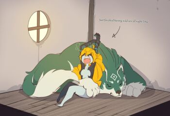 1girl arms_up arrow_(symbol) barefoot black_skin breasts breasts_apart closed_eyes collarbone colored_skin demon_girl english_text fangs full_body grey_skin hand_on_another's_lap holding_own_arm indoors link lying midna morpskorp multicolored_skin nintendo on_floor on_stomach open_mouth sitting sketch sleeping small_breasts stretching teeth the_legend_of_zelda the_legend_of_zelda:_twilight_princess two-tone_skin u_u waking_up window wolf wolf_link wooden_floor yawning