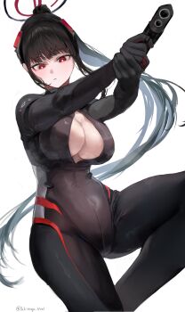 Rule 34 | 1girl, absurdres, arms up, black bodysuit, black hair, black halo, blue archive, blunt bangs, bodysuit, breasts, bright pupils, cleavage, commentary request, gun, hair ornament, halo, handgun, highres, holding, holding gun, holding weapon, impossible bodysuit, impossible clothes, large breasts, latex, latex bodysuit, long hair, looking down, m1911, multicolored halo, official alternate costume, official alternate hairstyle, open bodysuit, open clothes, parted lips, ponytail, red eyes, ringed eyes, rio (blue archive), rio (bodysuit) (blue archive), sidelocks, simple background, skin tight, solo, standing, sweat, twitter username, two-tone halo, variant set, very long hair, wardrobe malfunction, weapon, white background, white pupils, xue lian wa noel