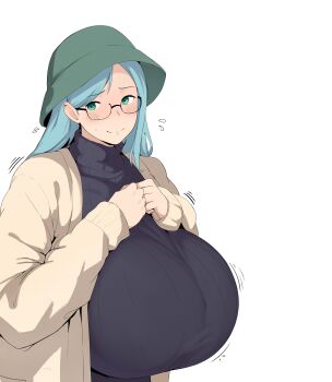 1girl absurdres breasts coco_(setawar) commentary danielle_(setawar) embarrassed english_commentary gigantic_breasts glasses green_eyes hands_up hat highres jacket light_blush long_hair original own_hands_together ribbed_sweater smile solo sweater transparent_background turtleneck turtleneck_sweater upper_body