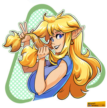 1girl blonde_hair blue_eyes blue_shirt breasts commentary cropped_torso elf english_commentary from_side genderswap genderswap_(mtf) ian_samson large_breasts link lipstick long_hair looking_at_viewer makeup nintendo open_mouth pointy_ears shirt smile solo the_legend_of_zelda