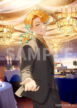 1boy alternate_costume animal animal_on_head ballroom chandelier commentary_request copyright_notice cowboy_shot formal_clothes gradient_eyes gradient_hair green_eyes green_hair grey_suit grin indoors isamu kirin-chan_(usami_rito) long_sleeves looking_at_viewer male_focus multicolored_eyes multicolored_hair necktie nijisanji official_art on_head orange_eyes orange_hair orange_necktie outstretched_hand plate sample_watermark smile sparkle suit tablecloth tiered_tray usami_rito virtual_youtuber watermark